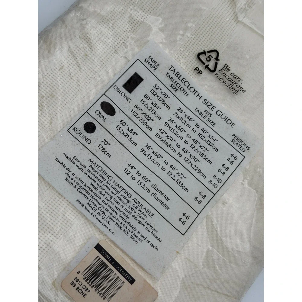 Town & Country Linen Satin Stripe Tablecloth Cream Oblong 52x70 Made in USA NEW